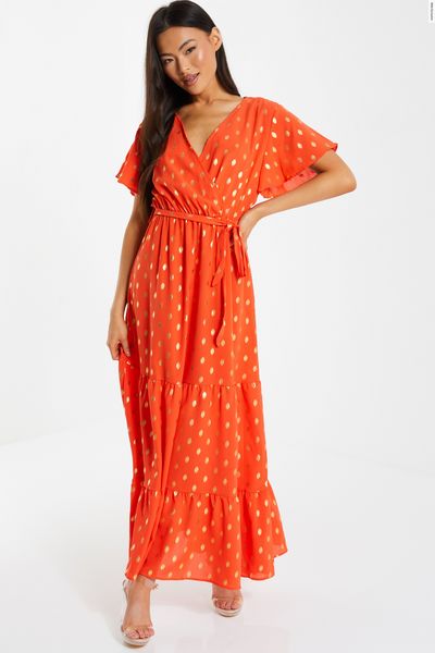 Orange Spot Wrap Midi Dress